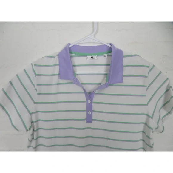 FootJoy Shirt Women Extra Large White Stripe Purple Green Golf Polo Performance - Picture 2 of 7
